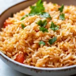 Bowl of easy Mexican rice garnished with cilantro and lime.