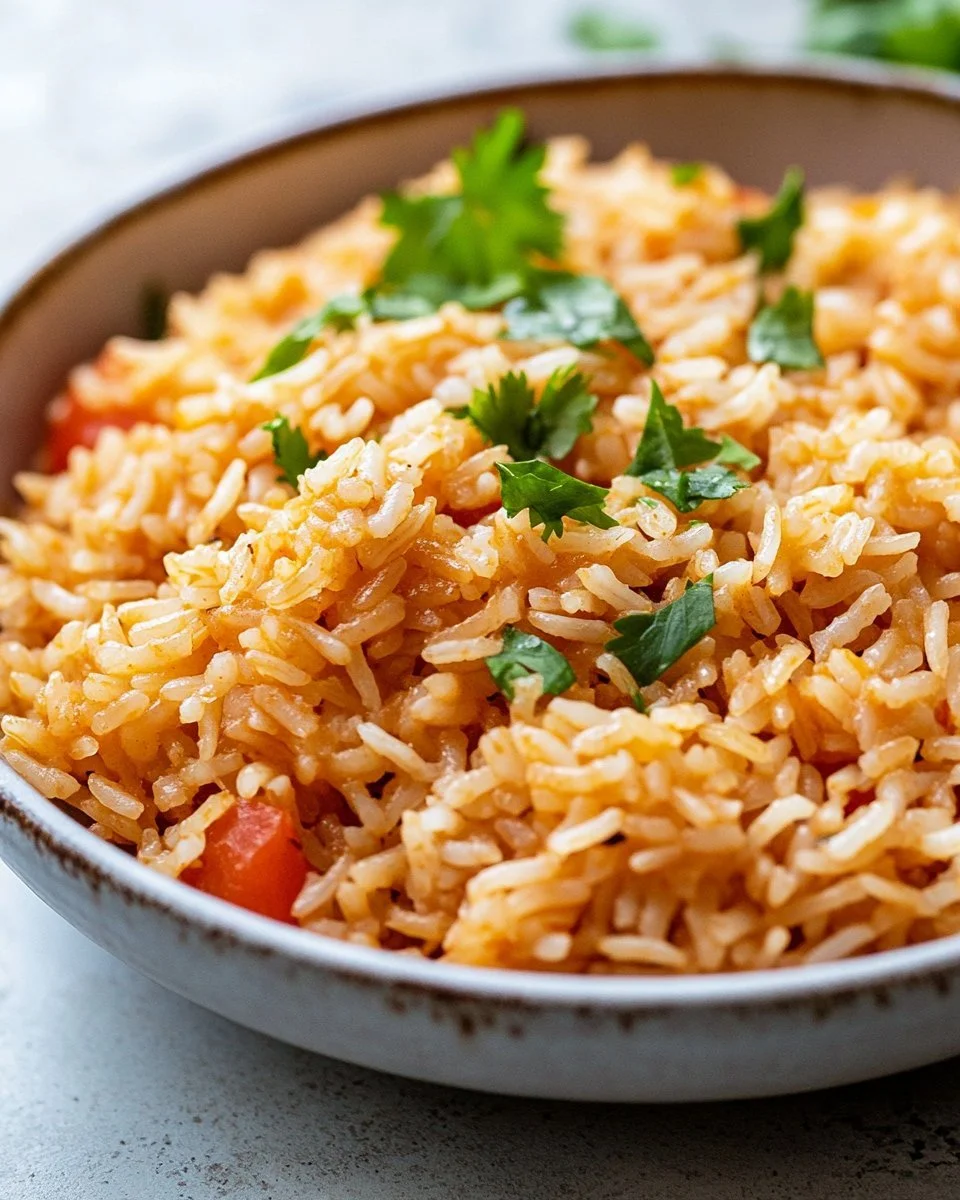 Bowl of easy Mexican rice garnished with cilantro and lime.