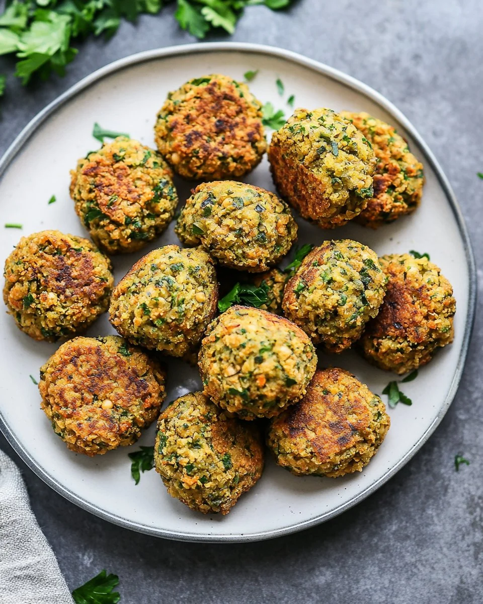 A plate of delicious, golden-brown falafel balls with fresh vegetables and sauce.