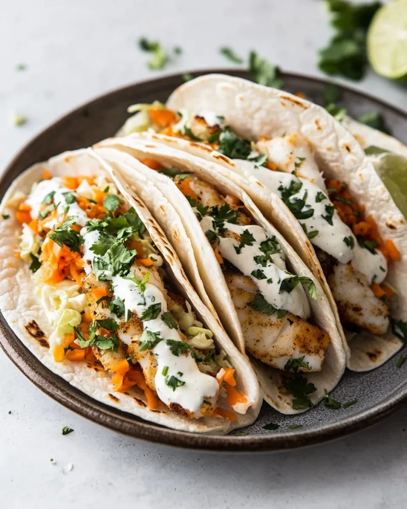 Delicious fish tacos topped with fresh ingredients and served in a crisp tortilla