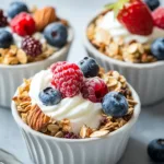 Frozen yogurt granola cups with fresh berries topped for a tasty dessert