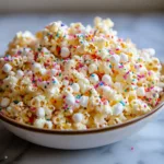 Colorful Funfetti Marshmallow Popcorn Treats in a bowl.