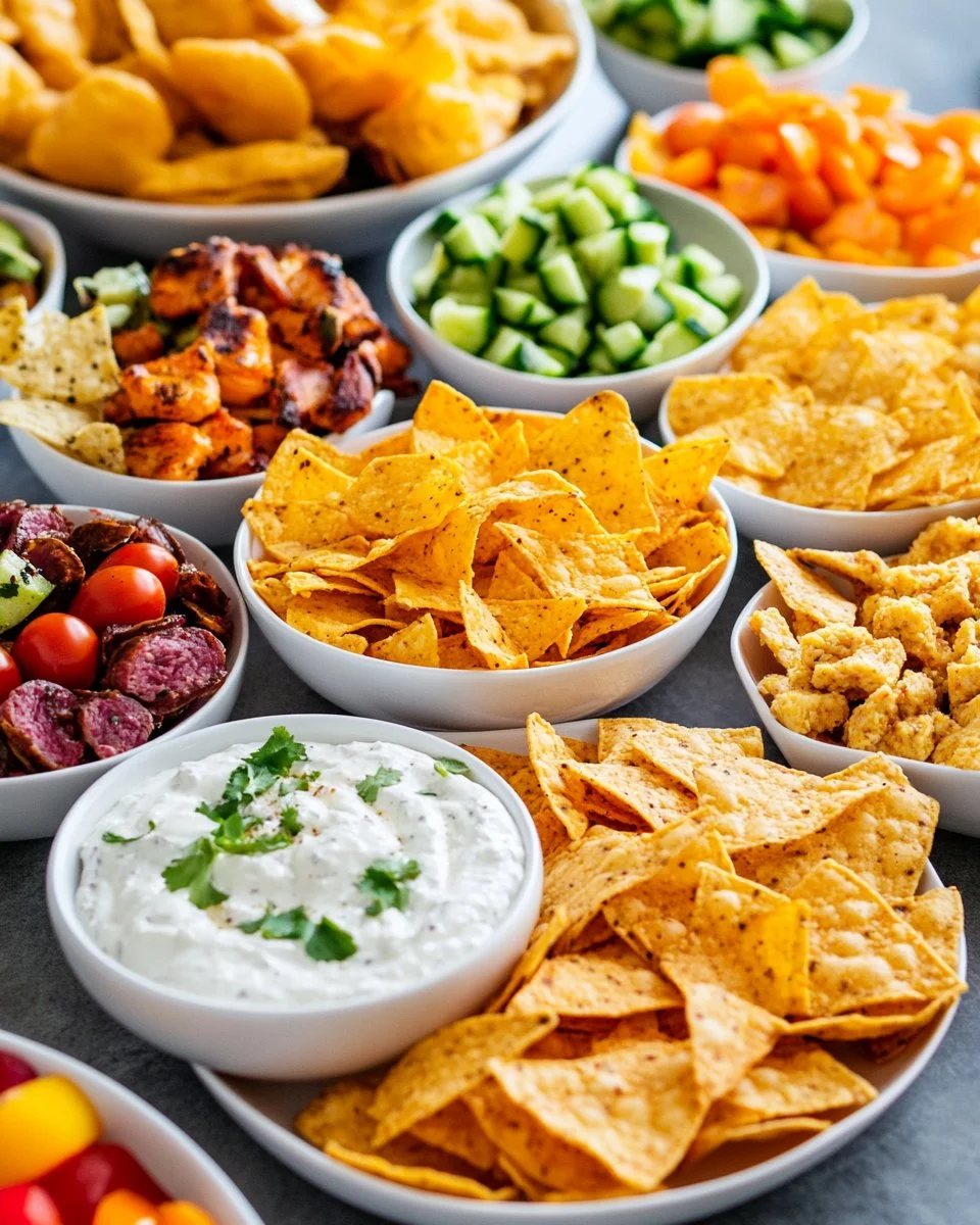 Assorted game day party food spread on a table, including snacks and appetizers.