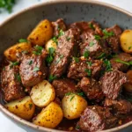 Garlic Butter Beef Bites served with crispy potatoes on a plate