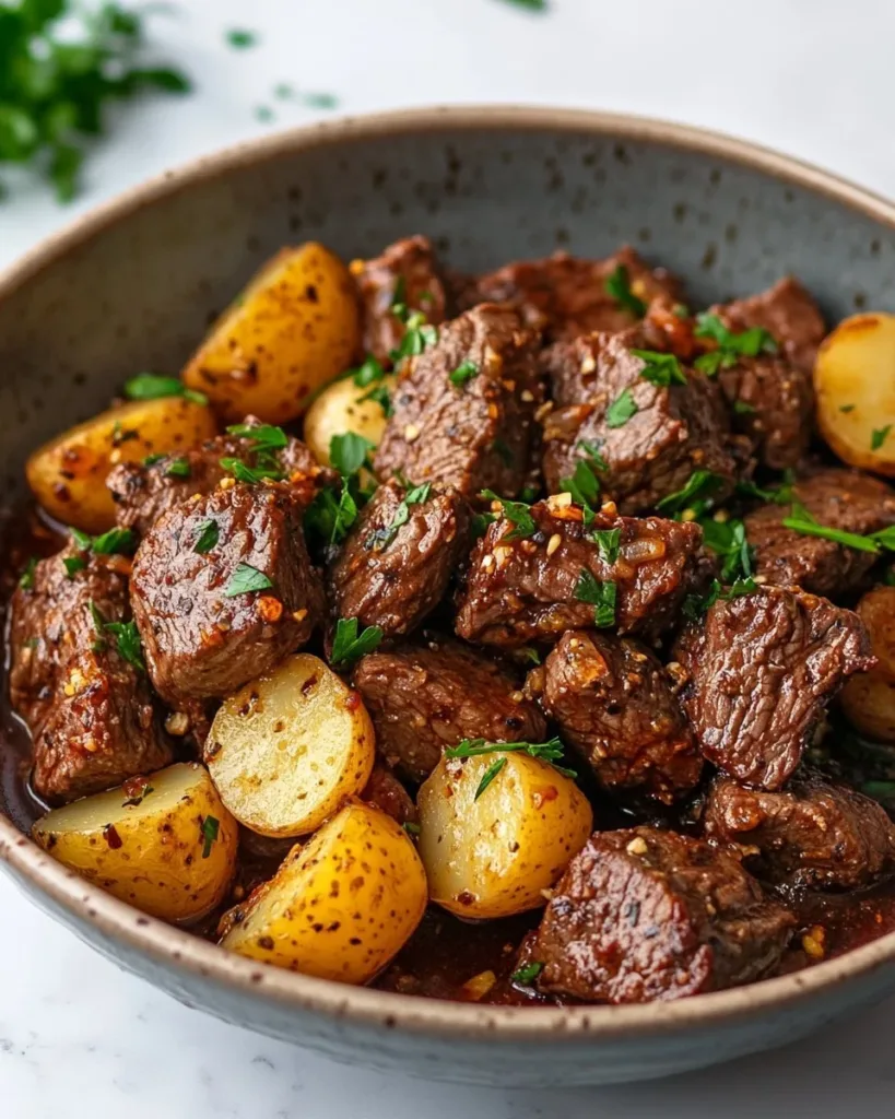 Garlic Butter Beef Bites served with crispy potatoes on a plate