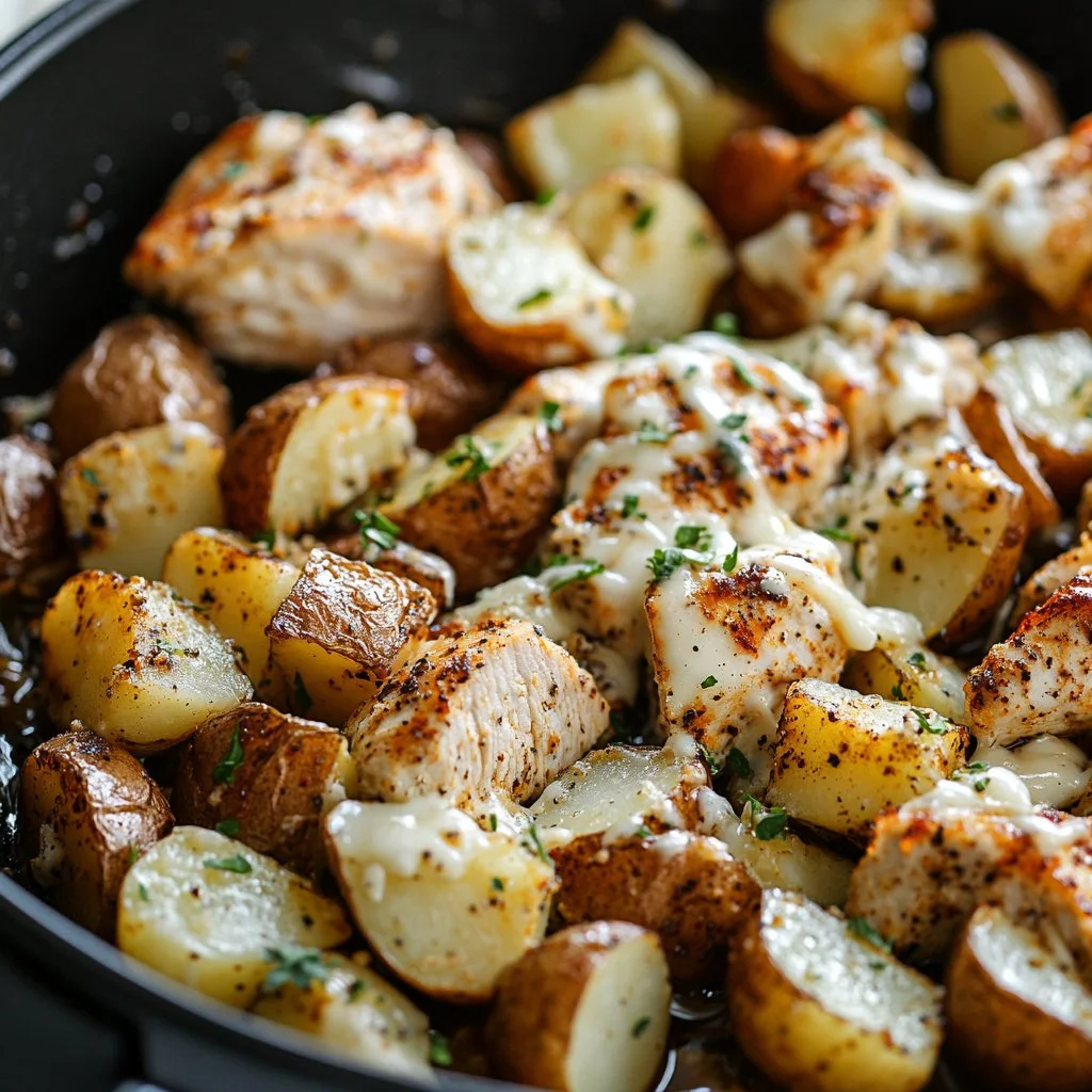 Delicious Garlic Parmesan Chicken and Potatoes Skillet ready to serve