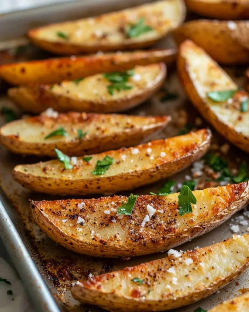 Crispy Garlic Parmesan Potato Wedges served on a plate