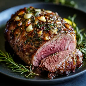 Garlic roasted leg of lamb served with fresh herbs and sides