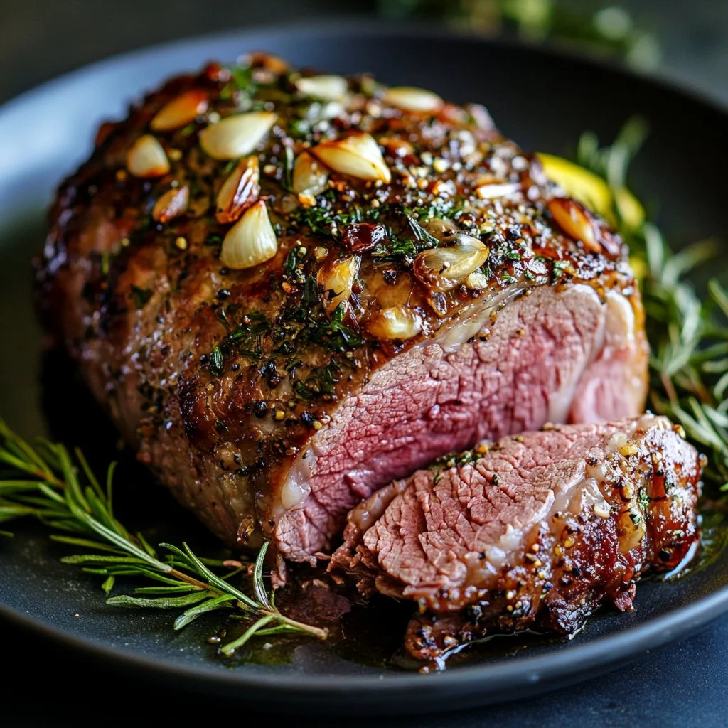 Garlic roasted leg of lamb served with fresh herbs and sides
