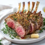 Gordon Ramsay's herb crusted lamb rack served with garnish