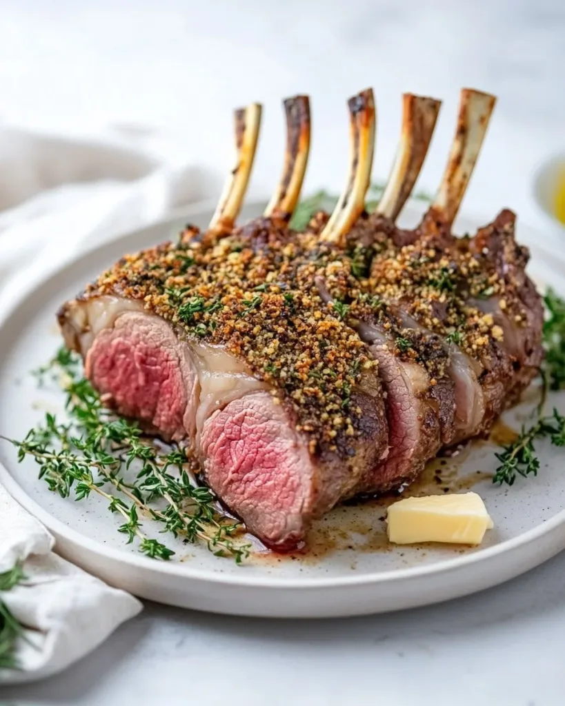 Gordon Ramsay's herb crusted lamb rack served with garnish