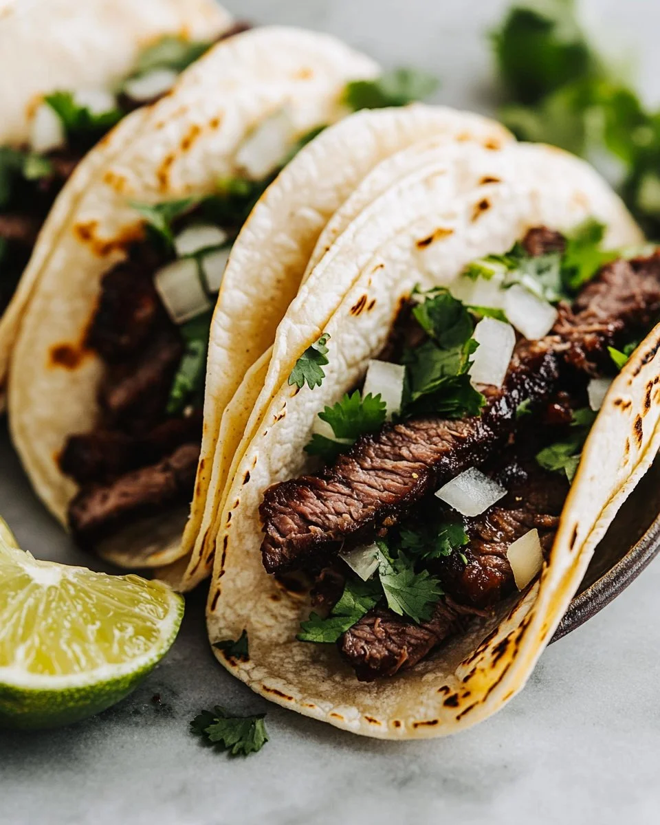 Delicious grilled beef Mexican street tacos with fresh toppings and vibrant colors