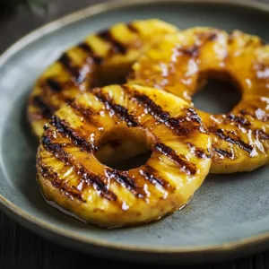 Grilled pineapple slice on a plate for a tasty summer dessert
