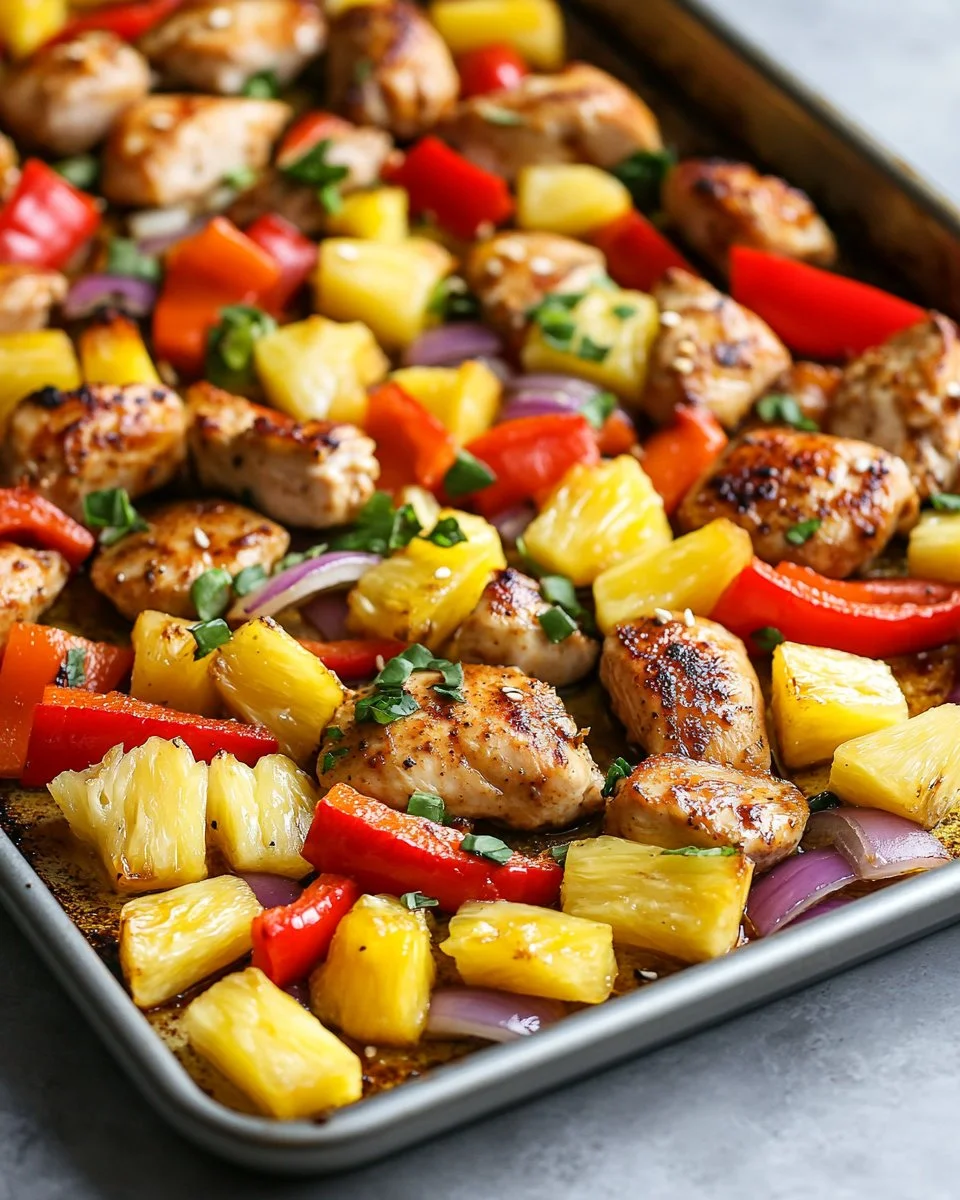 Delicious Hawaiian Chicken Sheet Pan recipe with vibrant veggies and pineapple.