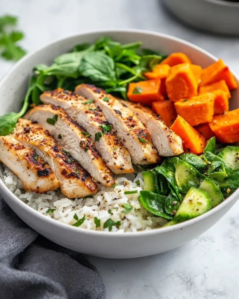 Healthy Chicken & Sweet Potato Rice Bowl Healthy chicken and sweet potato rice bowl with fresh vegetables