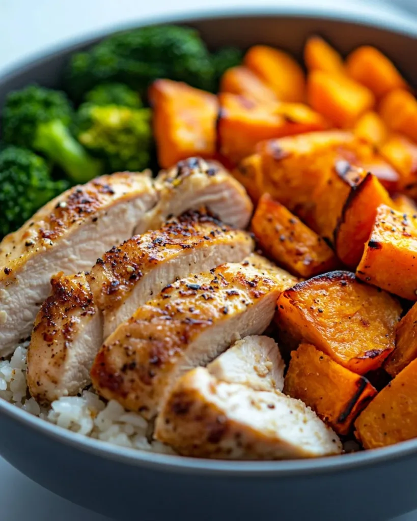 Healthy Chicken & Sweet Potato Rice Bowl Healthy chicken and sweet potato rice bowl garnished with vegetables