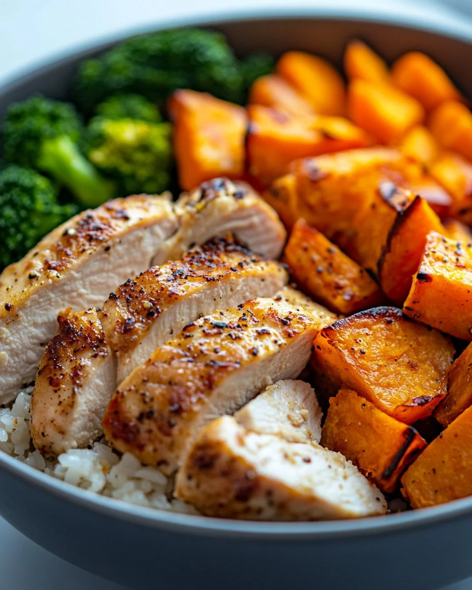 Healthy chicken and sweet potato rice bowl garnished with vegetables