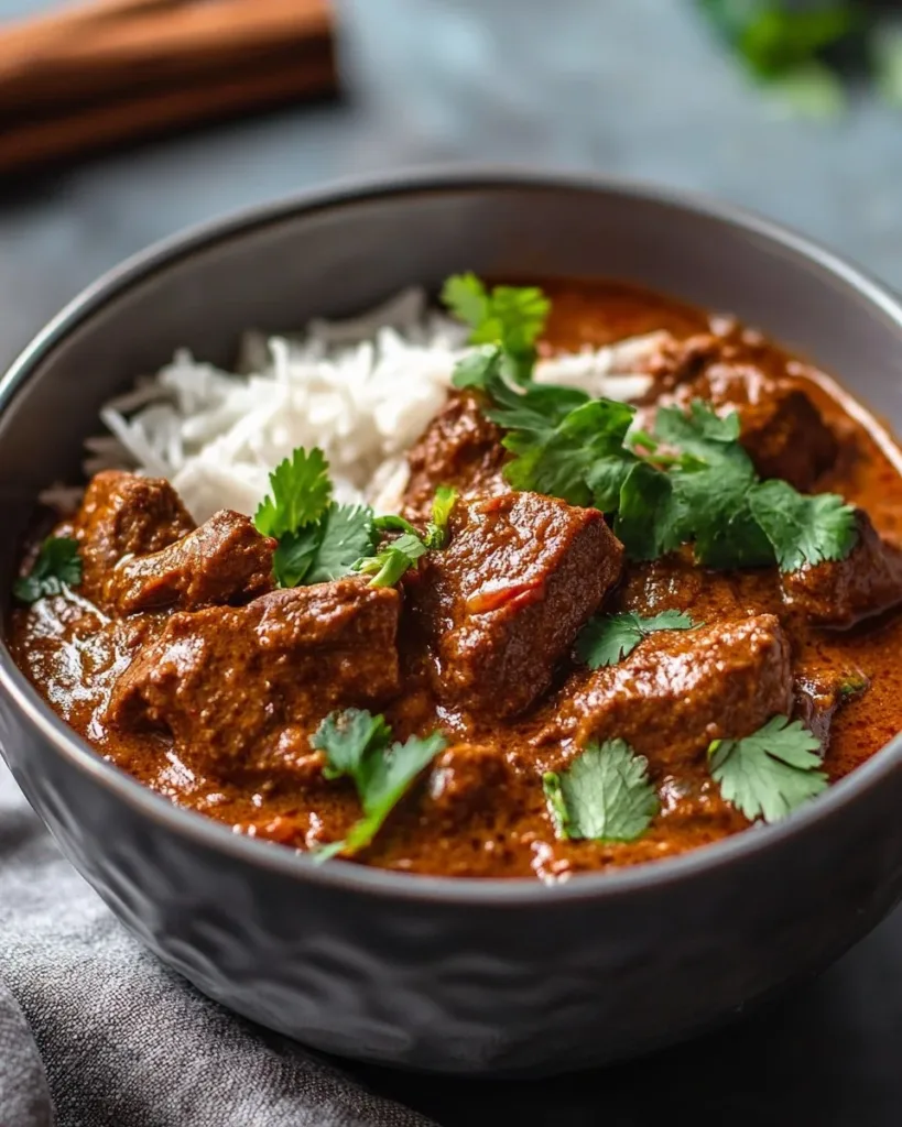 Bowl of slow cooker Indian beef curry with herbs and spices