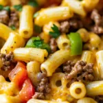 High-Protein Creamy Philly Cheesesteak Mac & Cheese dish topped with savory ingredients