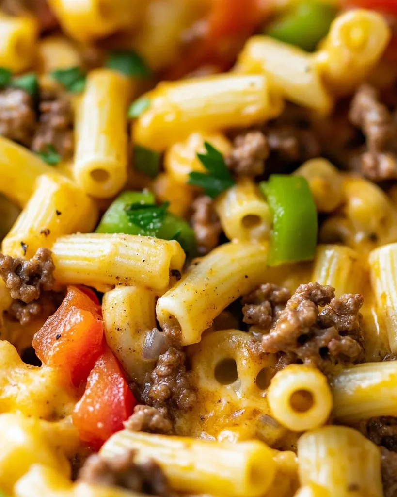 High-Protein Creamy Philly Cheesesteak Mac & Cheese dish topped with savory ingredients