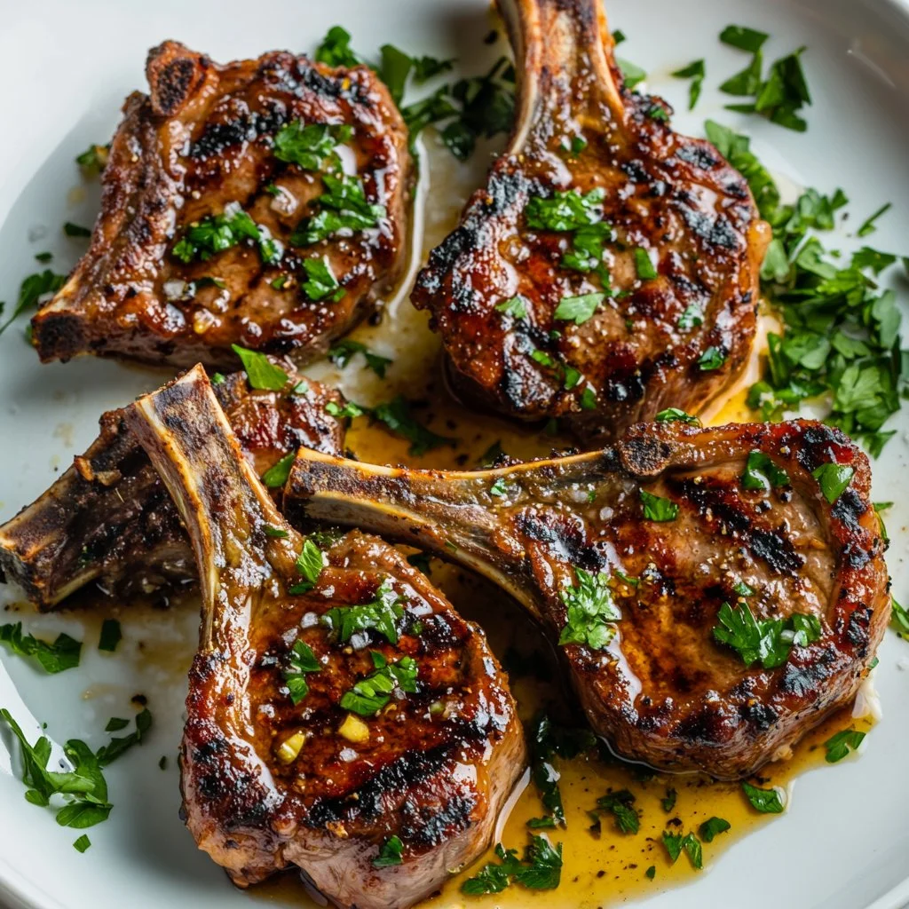 Honey garlic lamb chops served with sides on a plate