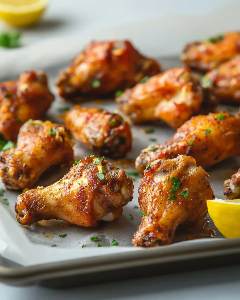 Honey Lemon Pepper Wings Crispy honey lemon pepper wings garnished with fresh herbs