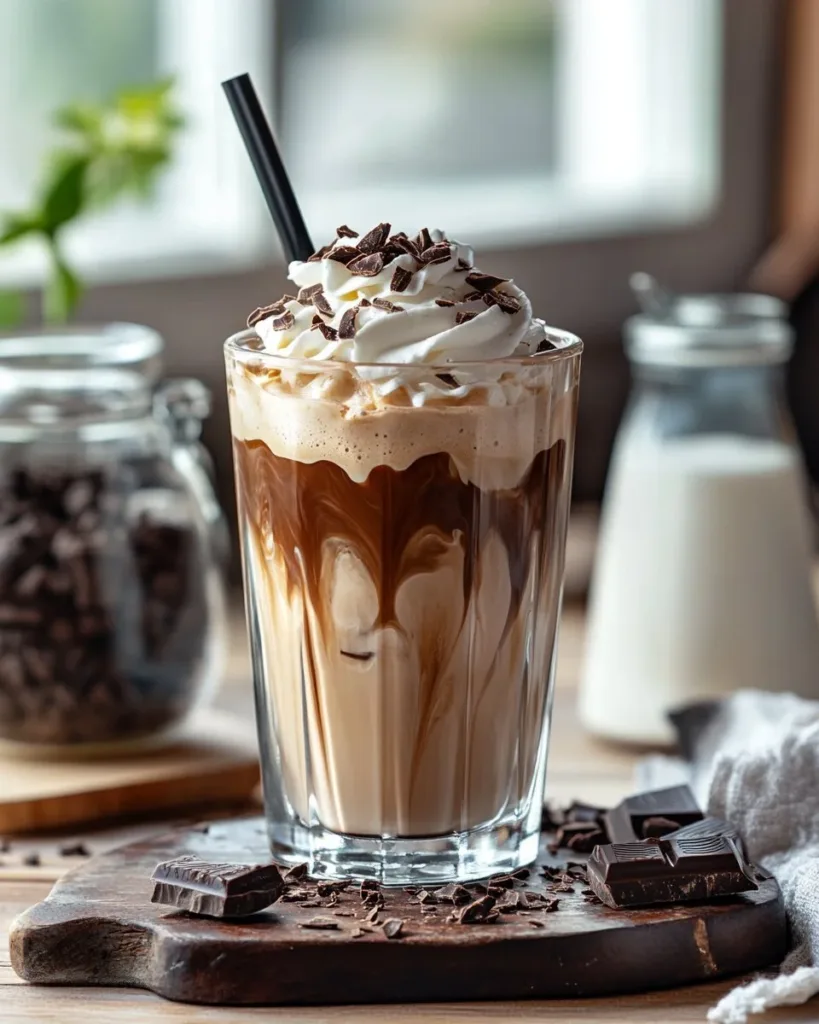 Iced Mocha Coffee Iced mocha coffee in a glass with whipped cream and chocolate drizzle