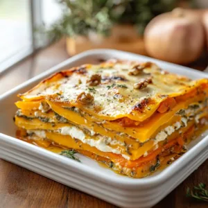 Layered Sweet Potato Butternut Squash Carrot Lasagna served in a dish