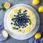 Slice of lemon blueberry cake with fresh blueberries on top
