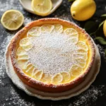 Slice of moist lemon custard cake garnished with lemon zest