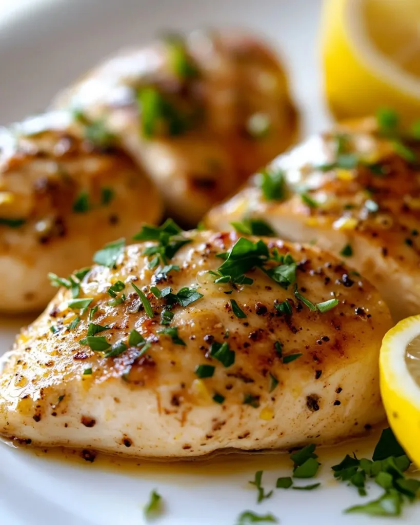 Lemon Garlic Chicken Lemon Garlic Chicken garnished with fresh herbs and lemon slices