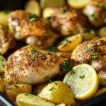 Lemon Garlic Chicken dish garnished with fresh herbs and lemon slices