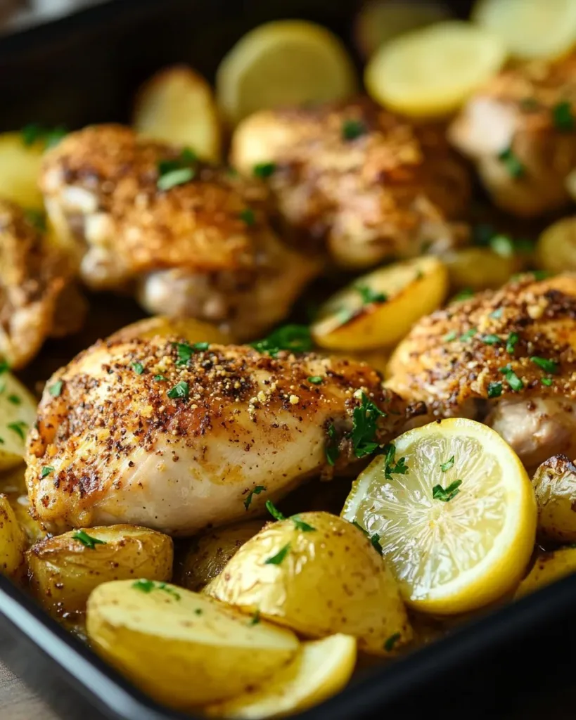 Lemon Garlic Chicken Lemon Garlic Chicken dish garnished with fresh herbs and lemon slices