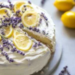 Lemon Lavender Cake with lemon slices and lavender flowers garnished on top