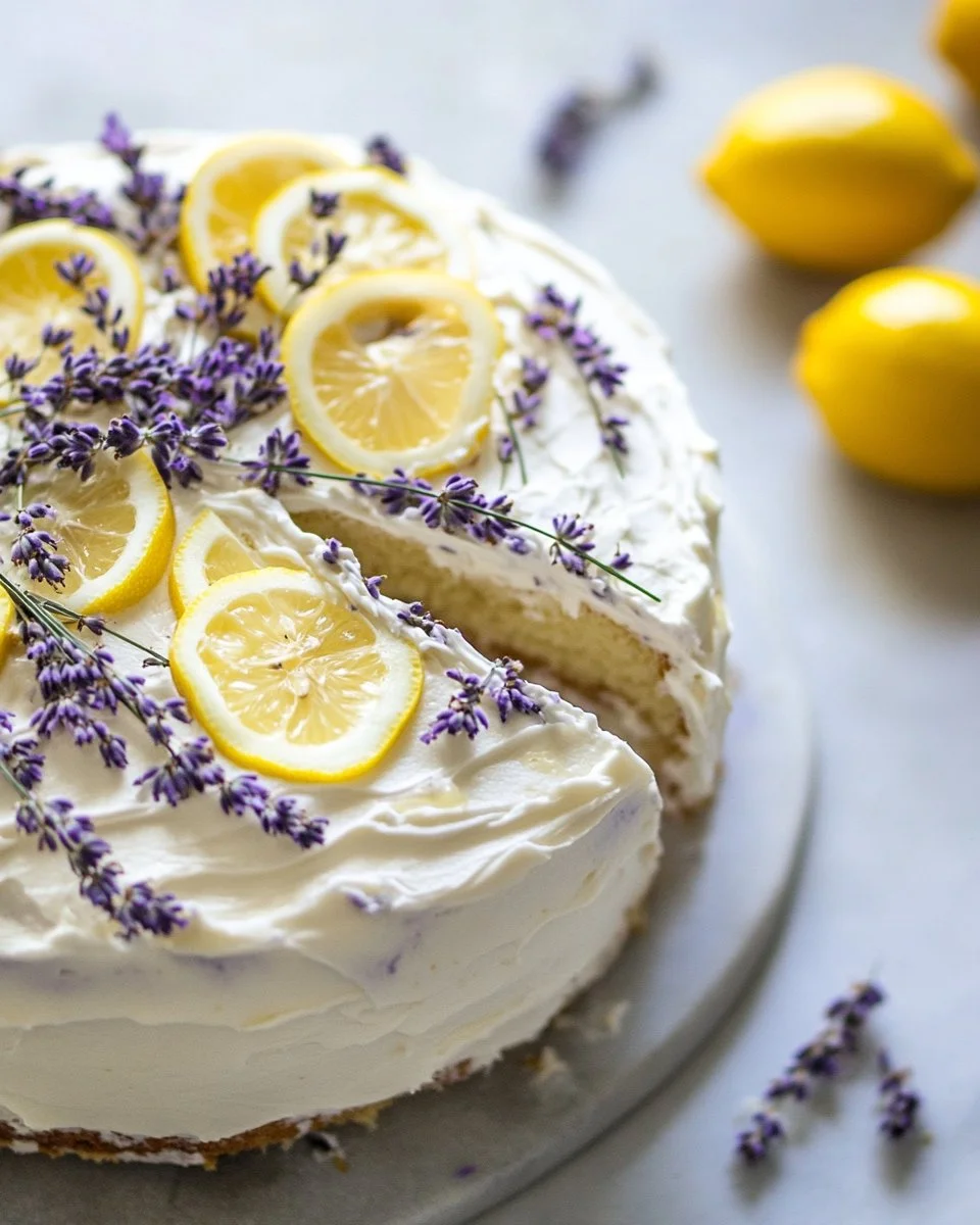 Lemon Lavender Cake with lemon slices and lavender flowers garnished on top