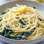 Serving of lemon ricotta pasta with spinach in a white bowl
