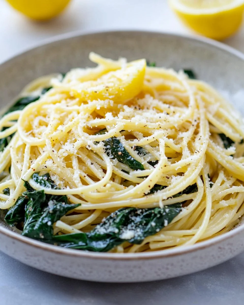 Serving of lemon ricotta pasta with spinach in a white bowl