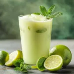 Egyptian Mint Lemonade recipe with limes, milk, and cold water for a creamy drink.