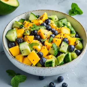 Mango Cucumber Salad featuring blueberries and avocado on a plate