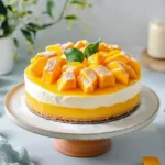 Delicious mango mousse cake topped with fresh mango slices and cream