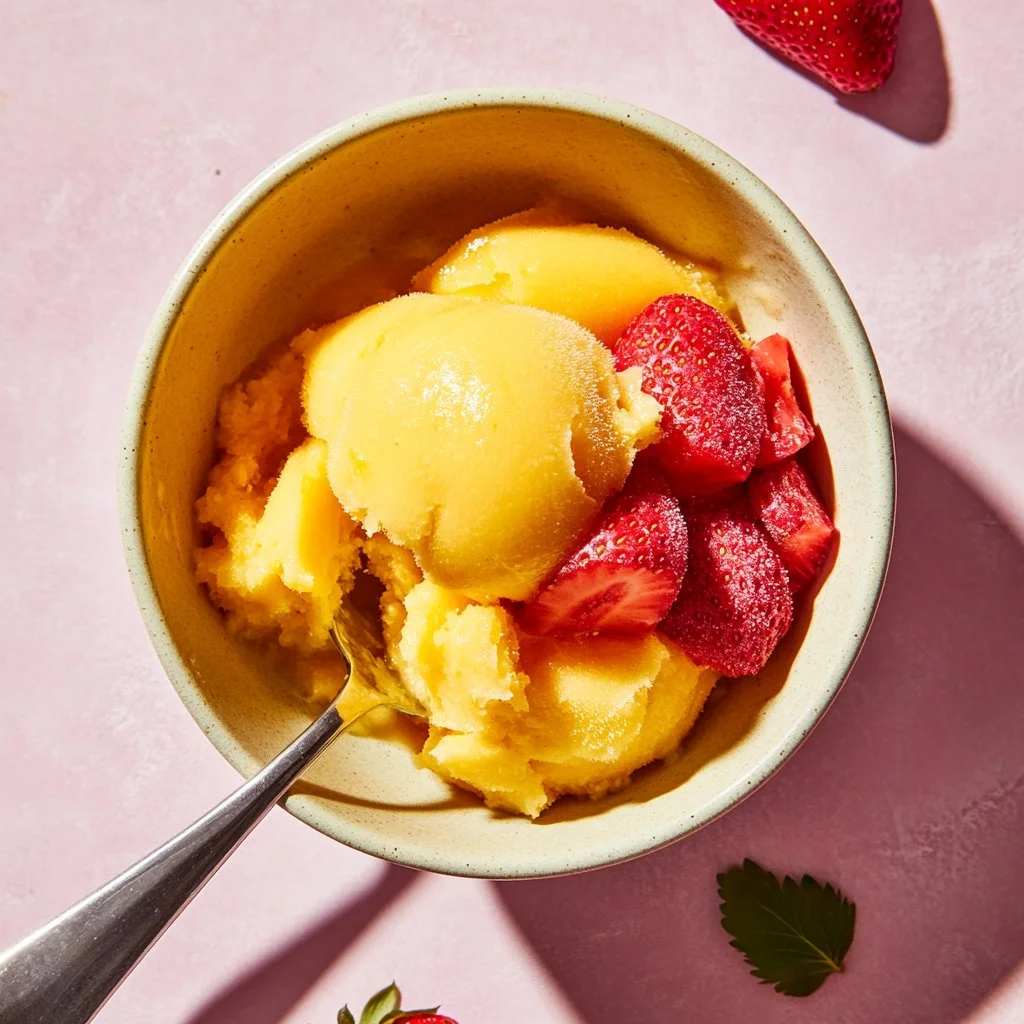 Delicious Mango Strawberry Sorbet in a bowl garnished with fresh mint.