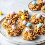 No-Bake Easter Egg Peanut Butter Haystacks on a festive plate