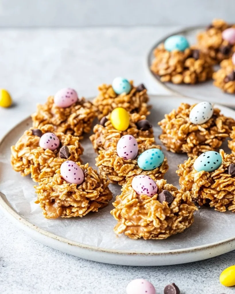 No-Bake Easter Egg Peanut Butter Haystacks on a festive plate