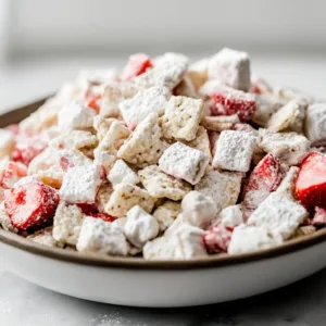 A bowl of No-Bake Strawberry Shortcake Puppy Chow with strawberries.