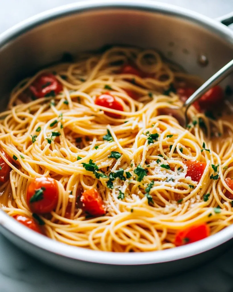 Delicious One Pot Pasta served in a bowl garnished with fresh herbs