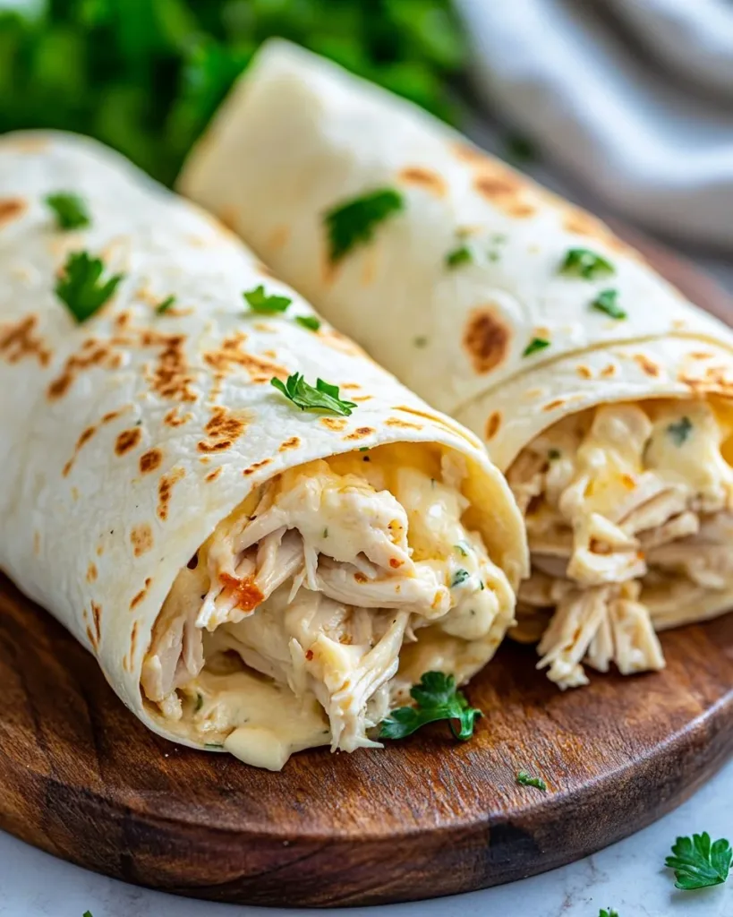 Ooey-Gooey Cheesy Garlic Chicken Wraps Delicious cheesy garlic chicken wraps served on a plate with fresh ingredients.