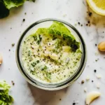 Homemade original Caesar salad dressing drizzled over crisp romaine lettuce.