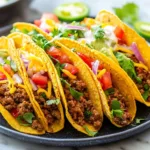 Plate of crispy oven-baked cheesy tacos loaded with toppings