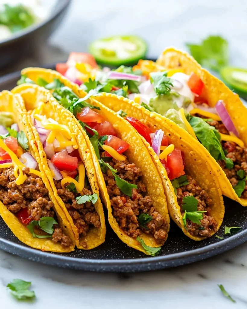 Plate of crispy oven-baked cheesy tacos loaded with toppings