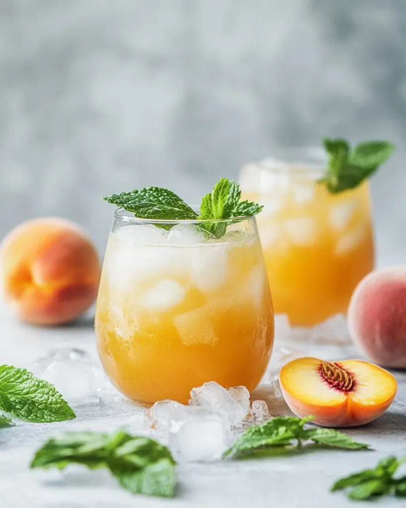 Refreshing Peach Bellini Mocktail served in a glass with peach slices.